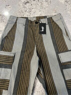 NWTs Stussy Men’s Striped Cargo Pants - Black, Grey & Gold Stripe